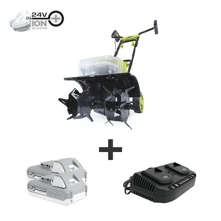 Sun Joe 48-Volt iON+ Cordless Garden Tiller/Cultivator Kit | W/ 2 x 2.0-Ah Batteries and Charger 24V-X2-TLR14